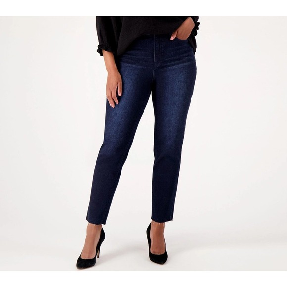 Girl With Curves Denim - Girl With Curves Dark Wash High Rise Straight Leg Raw Hem Denim Jeans Size 14